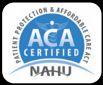 Blue logo of the Affordable Care Act certification logo (small black) by the National Association of Health Underwriters (NAHU)